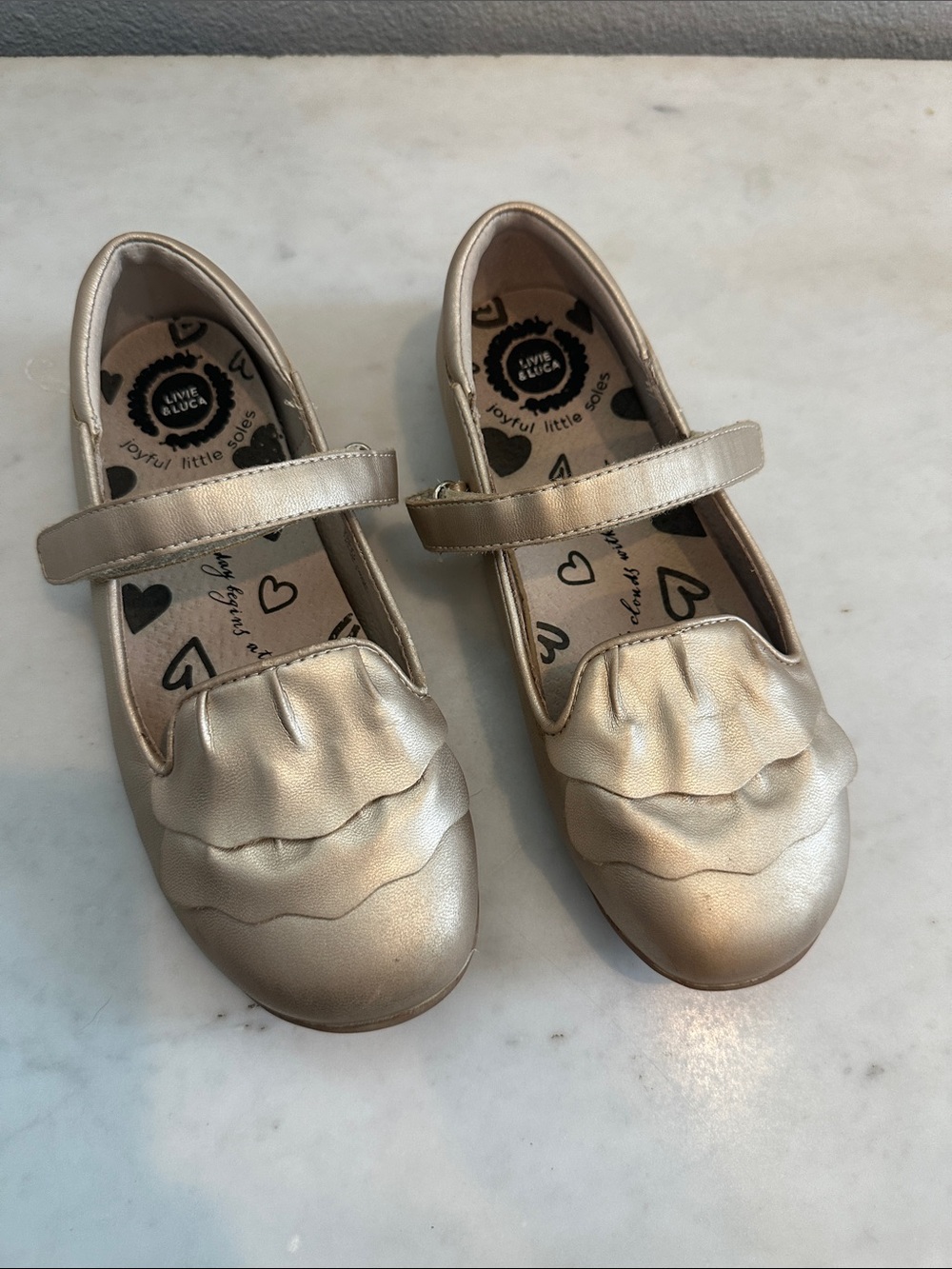 Livie & Luca Metallic Gold Mary Jane Shoes with Ruffle